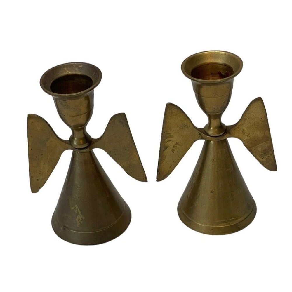 2 Vintage Small Brass Angel Candle Holders